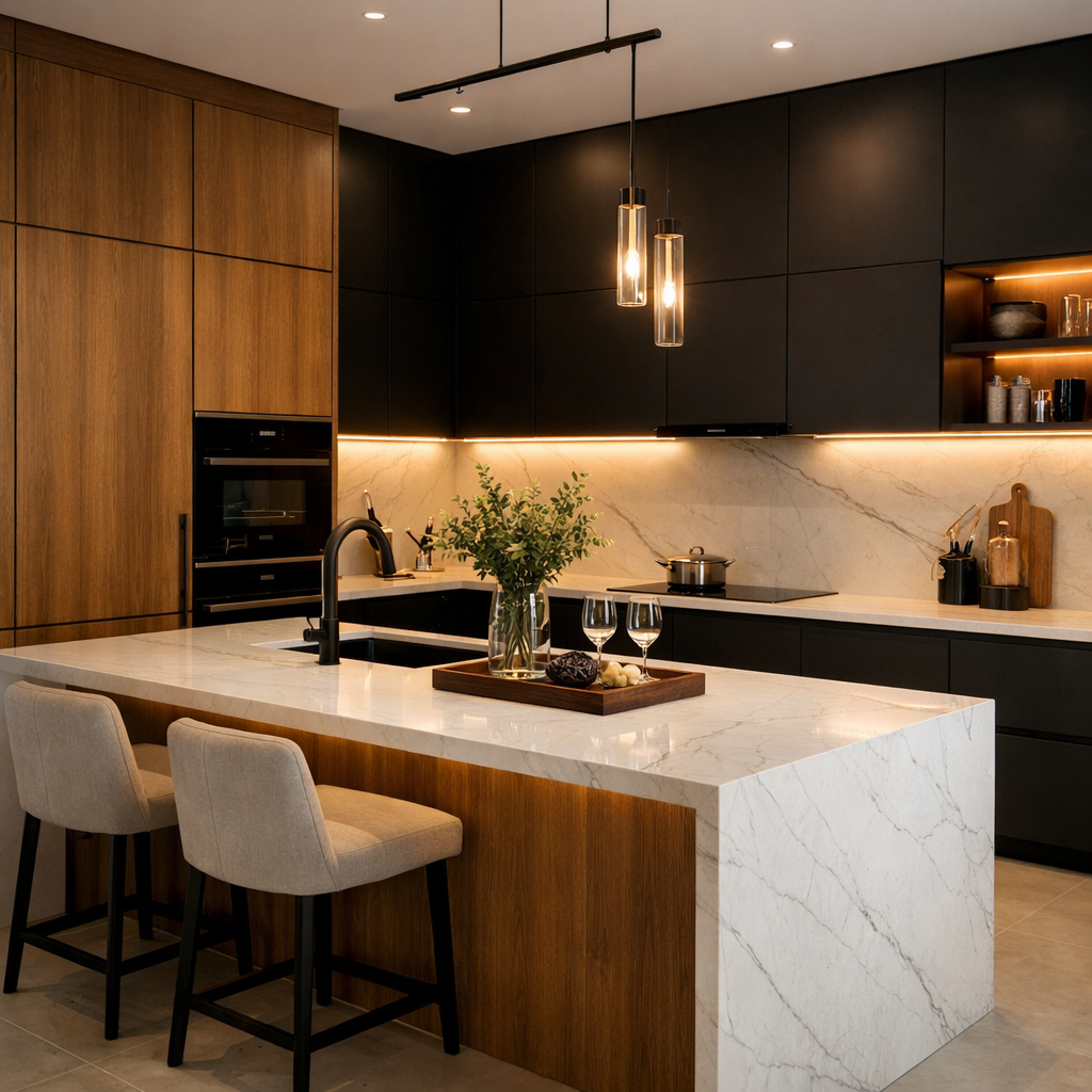 Cozinha moderna com ilha em mármore